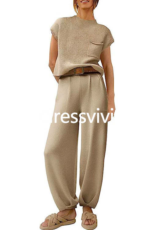 Short Sleeves Ribbed Knit Pullover Ruched Harem Pants Set