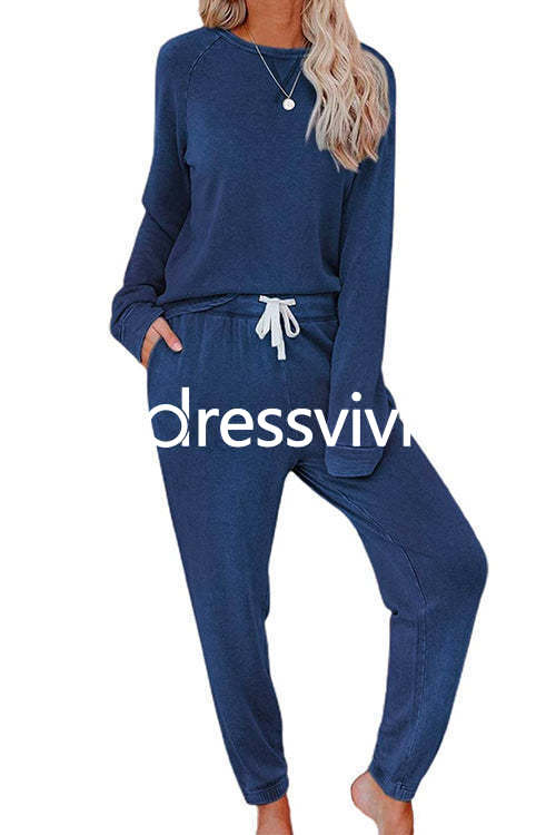 Long Sleeves T-shirt Drawstring Waist Joggers Loungewear Set