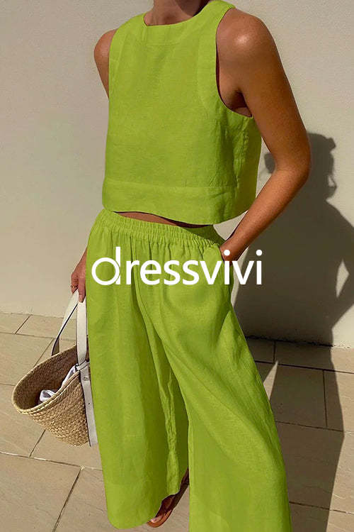 Solid Crewneck Crop Tank Top Elastic Waist Wide Leg Pants Set