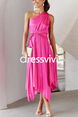 One Shoulder Sleeveless Pleated Dress